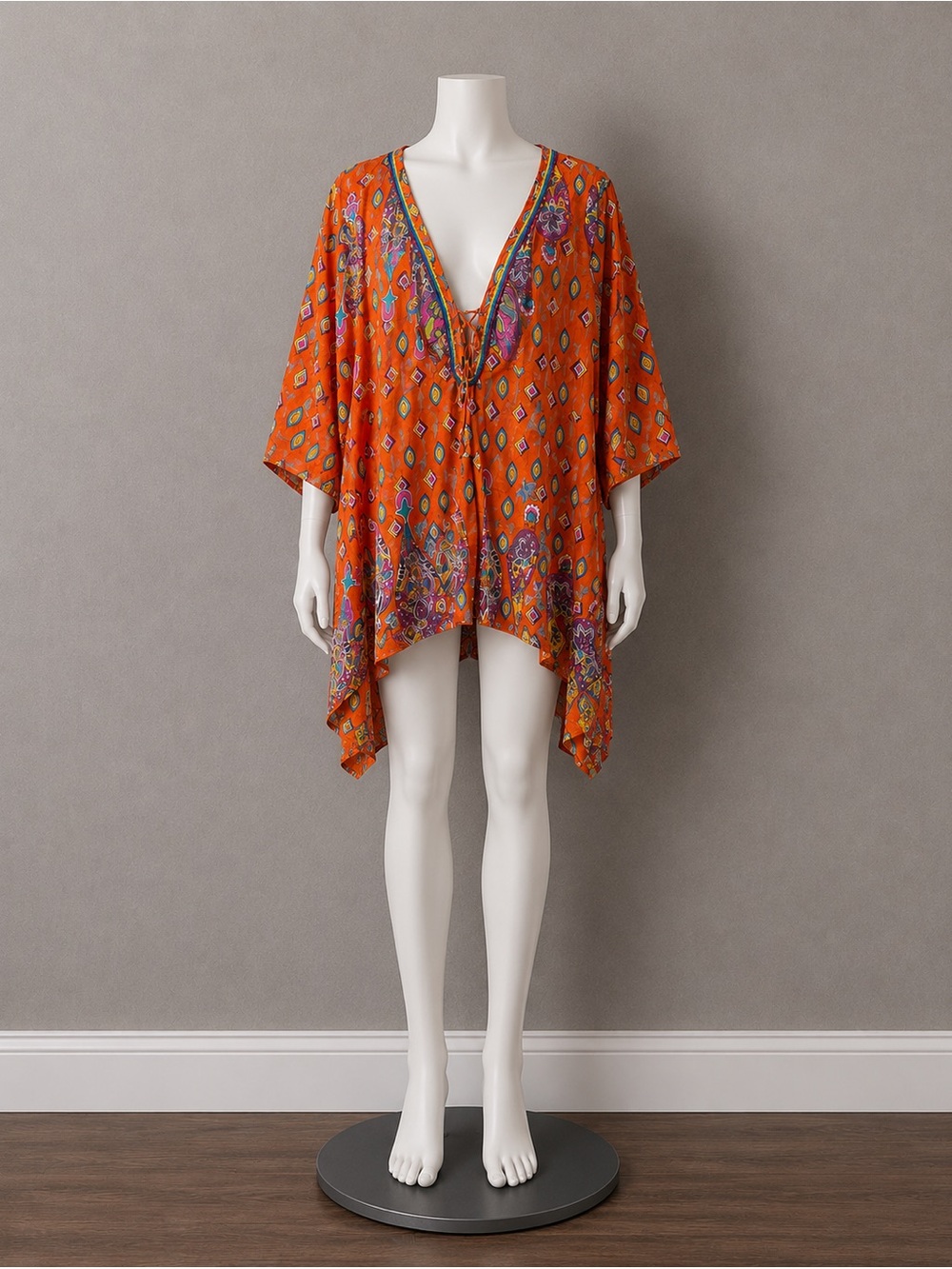 Vintage Paisley Tunic Dress Boho  Embellished Lace Up Asymmetrical Whimsical 1X